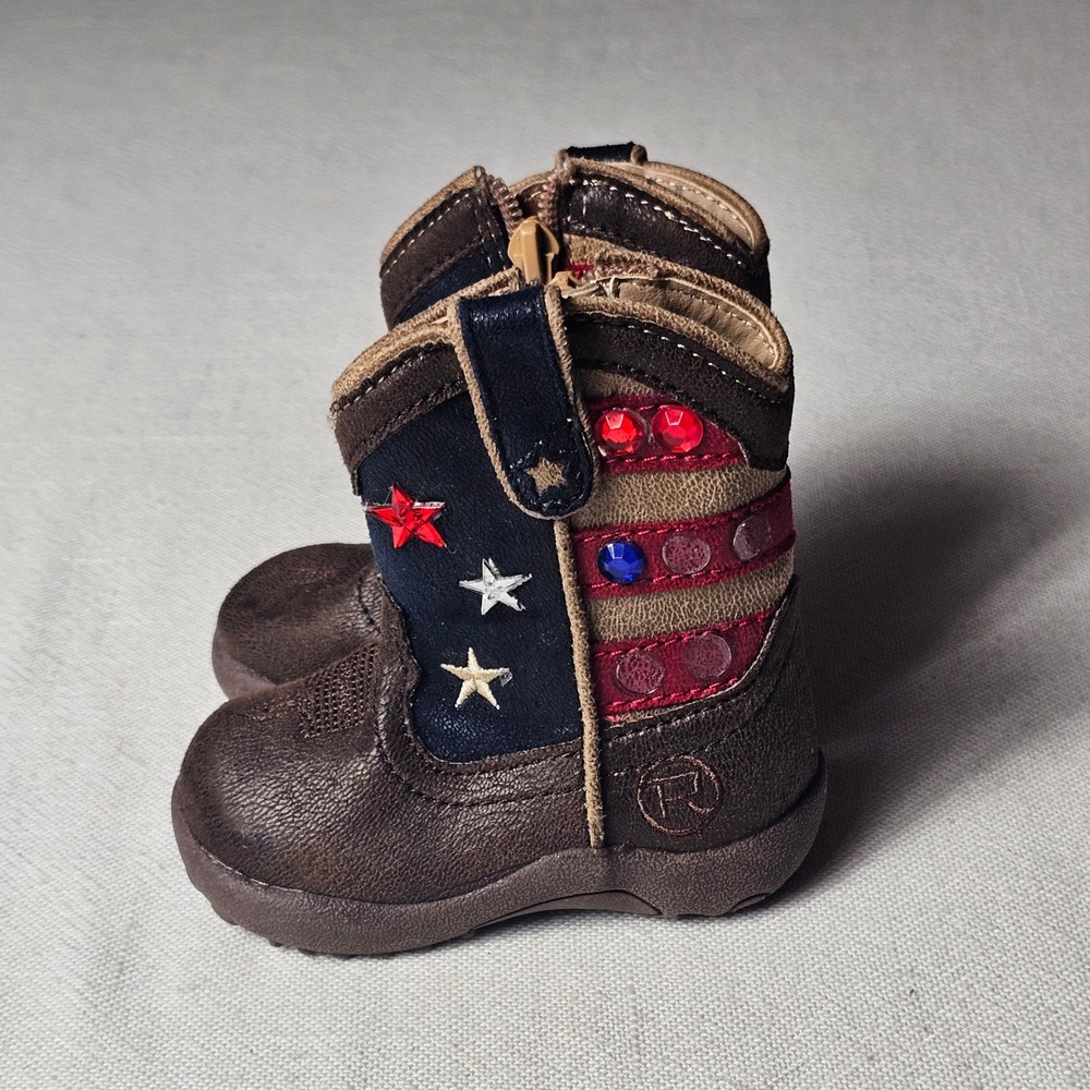 Roper Infants American Patriot Cowboy Boots Brown Blue Red Stars Stripes Size 3